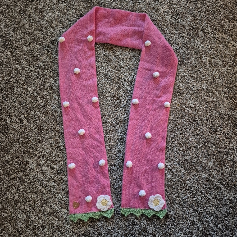 NWOT Wool Cashmere Pink Scarf with Floral and Pom Pom Accents Gold Heart Charm